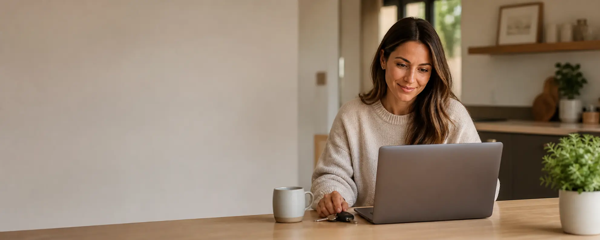 A woman at her kitchen table getting an offer on her car from her laptop
